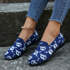 Women's Skull Print Flat Shoes Breathable Flying Woven Slip On Shoes