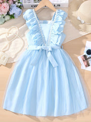 Girls' Square Neck Ruffle Sleeveless Tunic Dress For Casual Daily