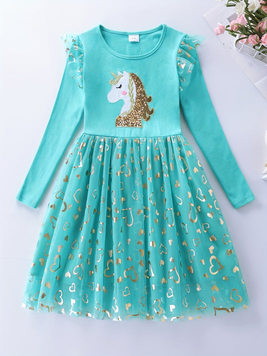 Princess Unicorn Sequin Long Sleeve Fall Dress Kids Birthday Party Wedding Tulle