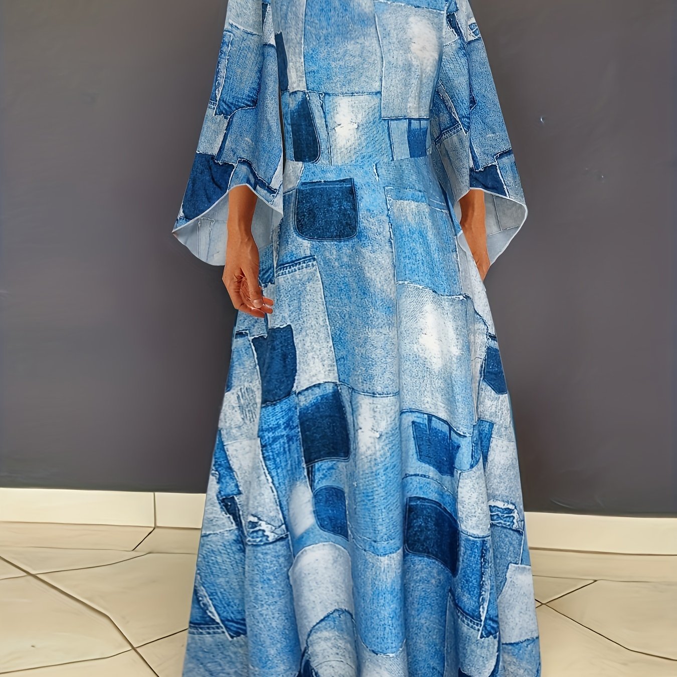 Plus Denim Print Bell Sleeve Round Neck Maxi Dress
