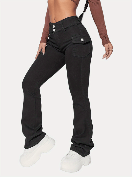 High Waist Flap Pockets Flared Legs Denim Pants
