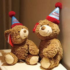 Plush Teddy Bear with Red Ears & Birthday Hat Brown & Tan Stuffed Animal Toy
