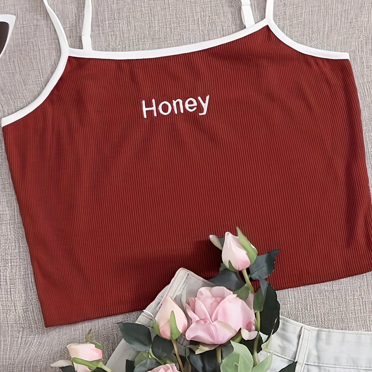 Women's Plus Ribbed Cami Top with Letter Embroidery