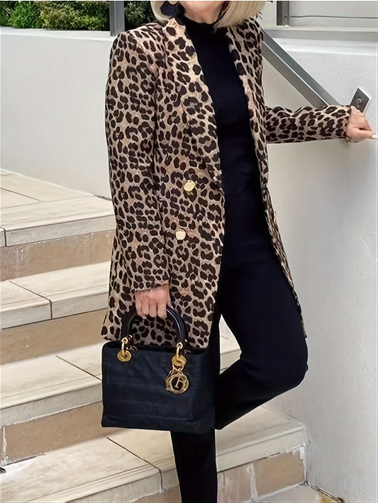 Leopard Print Long Sleeve Lapel Collar Blazer