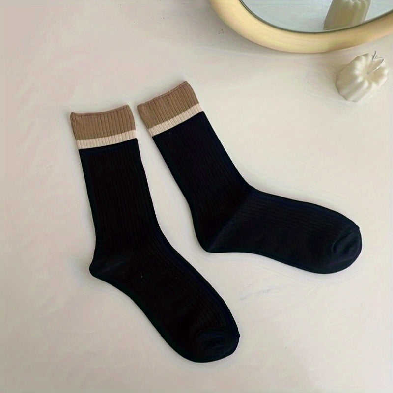 Colorblock Ribbed Socks College Style All match Socks Women