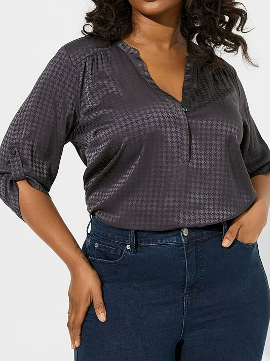 Women's Houndstooth Print Roll Up Long Sleeve Blouse