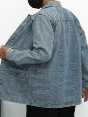Letter Print Denim Jacket Men's Casual Lapel Button Up Coat