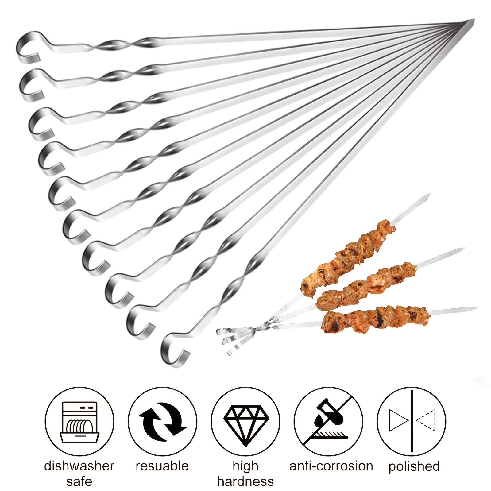 10pcs Stainless Steel BBQ Skewers for Outdoor Grilling & Camping