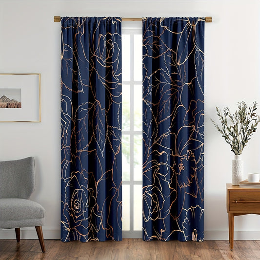 2pcs Golden Flowers and Leaves Floral Foliage Curtains for Home Decor