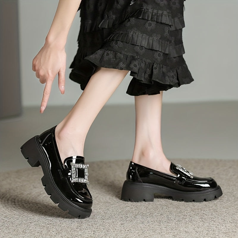 Chunky Heel Loafers Rhinestone Slip On Platform Shoes