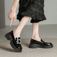 Chunky Heel Loafers Rhinestone Slip On Platform Shoes