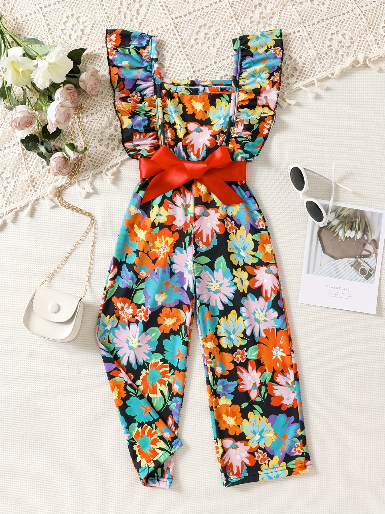Girls Floral Print Ruffle Sleeve Rompers