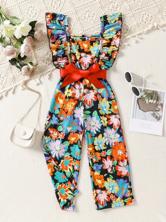 Girls Floral Print Ruffle Sleeve Rompers