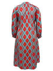  Boho Dress Women's Plus Geo Print Lantern Sleeve Button Up