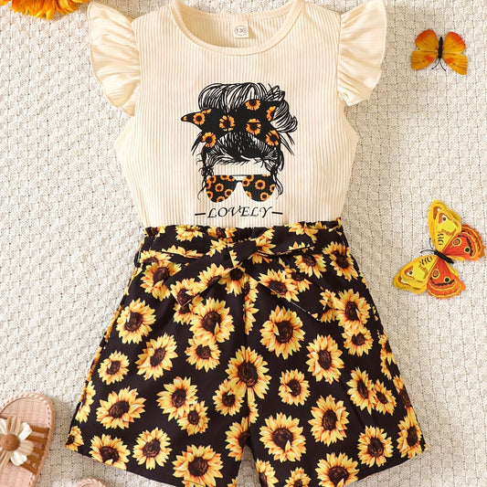 Girls 2 Piece Sunflower Graphic Tee with Shorts Set