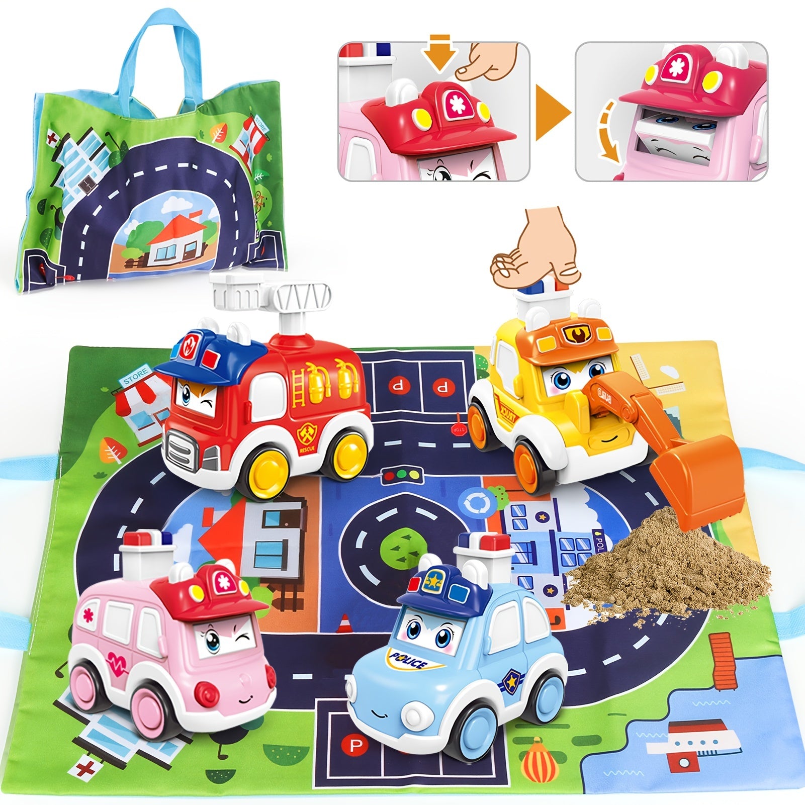 Toddler Car Toy Set with Map Mat and Storage Bags