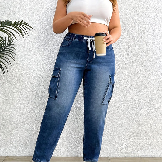 High Stretch Cargo Jeans Elastic Waist Plus Drawstring Retro