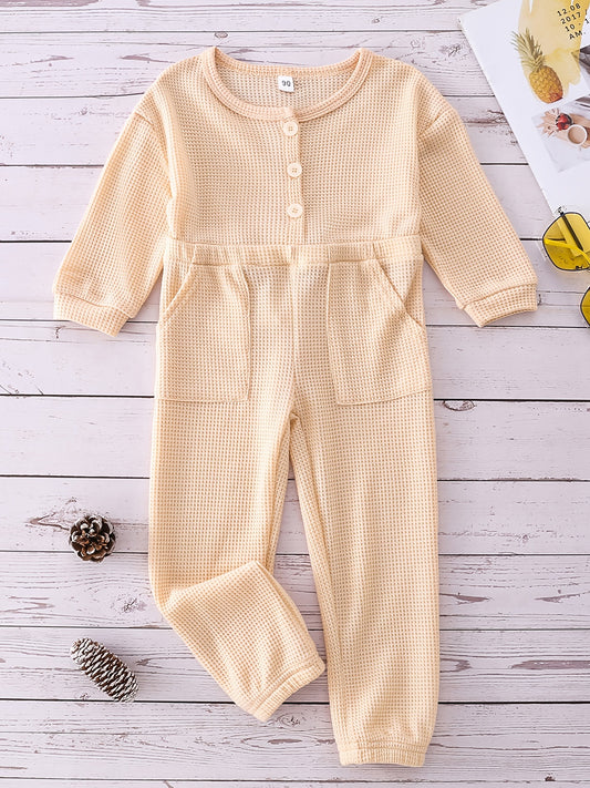 Plaid Print Girls Jumpsuit Long Sleeve Button Crew Neck
