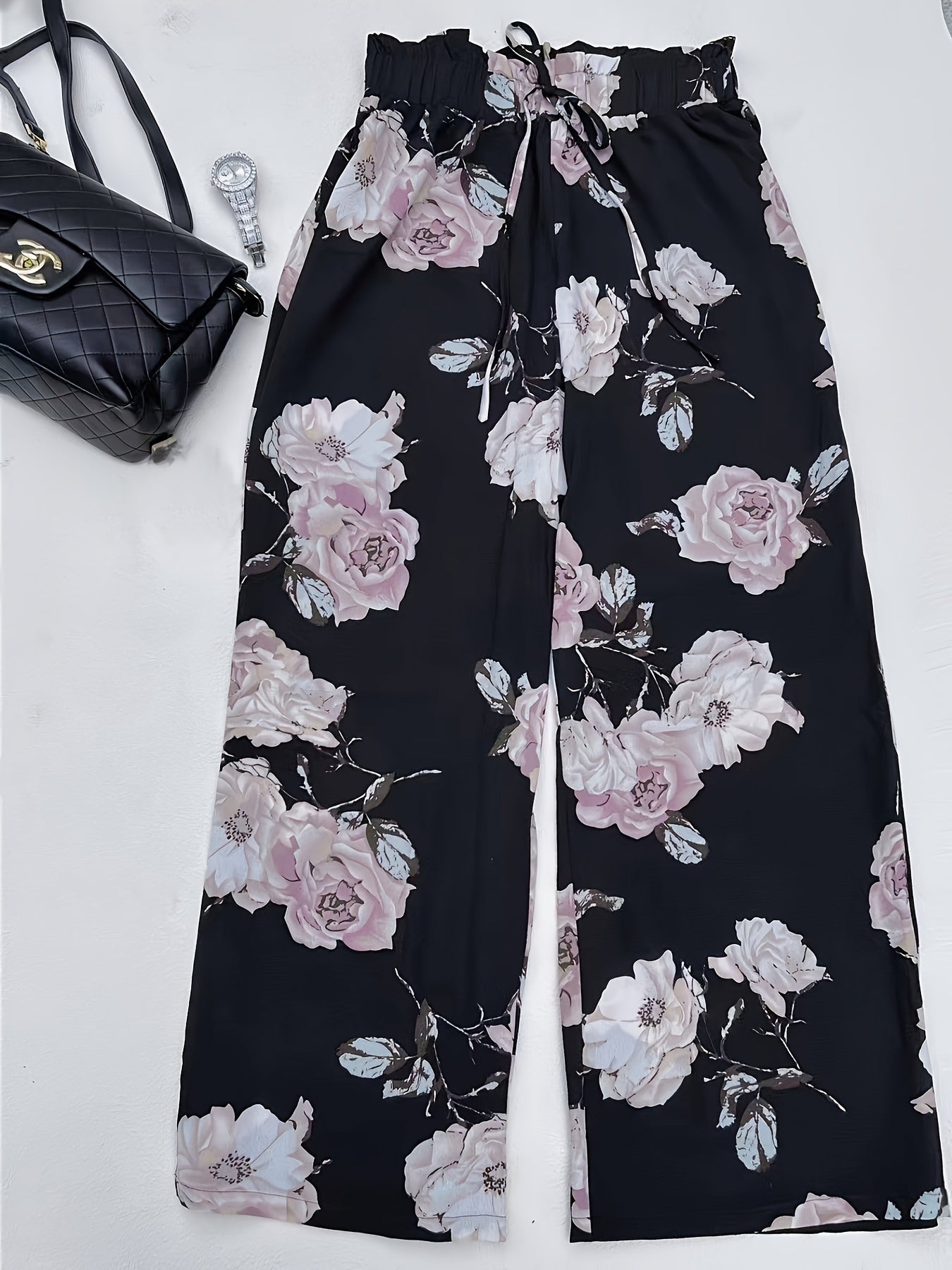 Women's Plus Floral Print Drawstring High Rise Wide Leg Pants