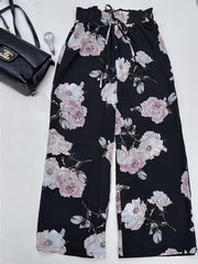 Women's Plus Floral Print Drawstring High Rise Wide Leg Pants