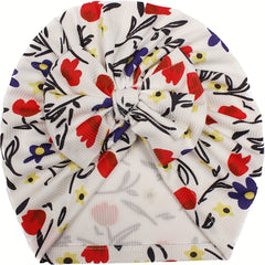Cute Printed Baby Headscarf Hat w/ Soft Threaded Bow
