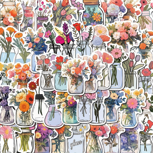 50pcs Glass Vase Cartoon Waterproof Stickers for Laptop Cup Book Luggage
