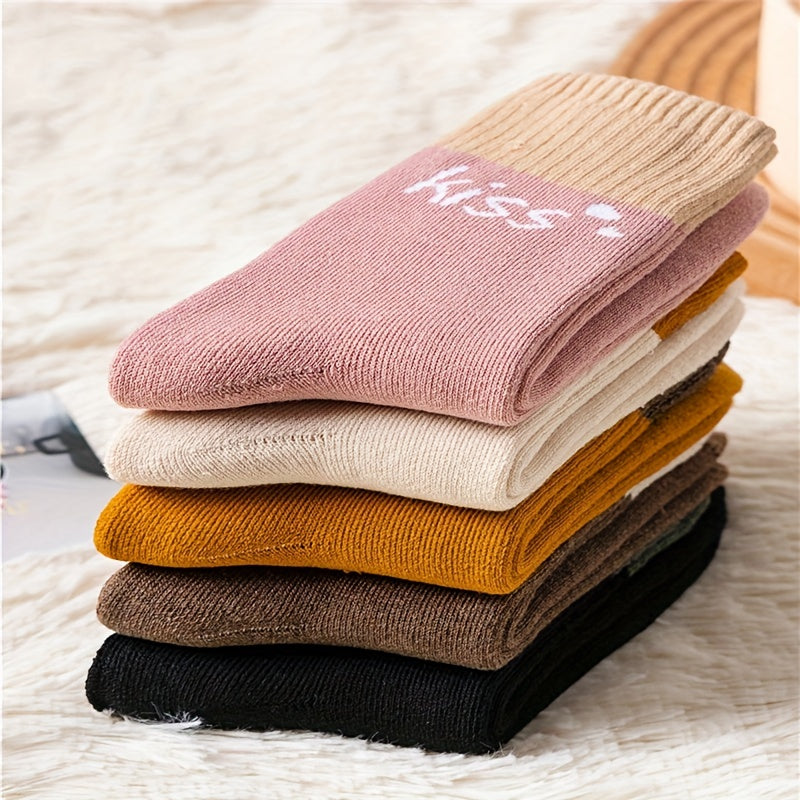 5 Pairs Letter Print Socks Colorblock Crew Socks Women's Stockings