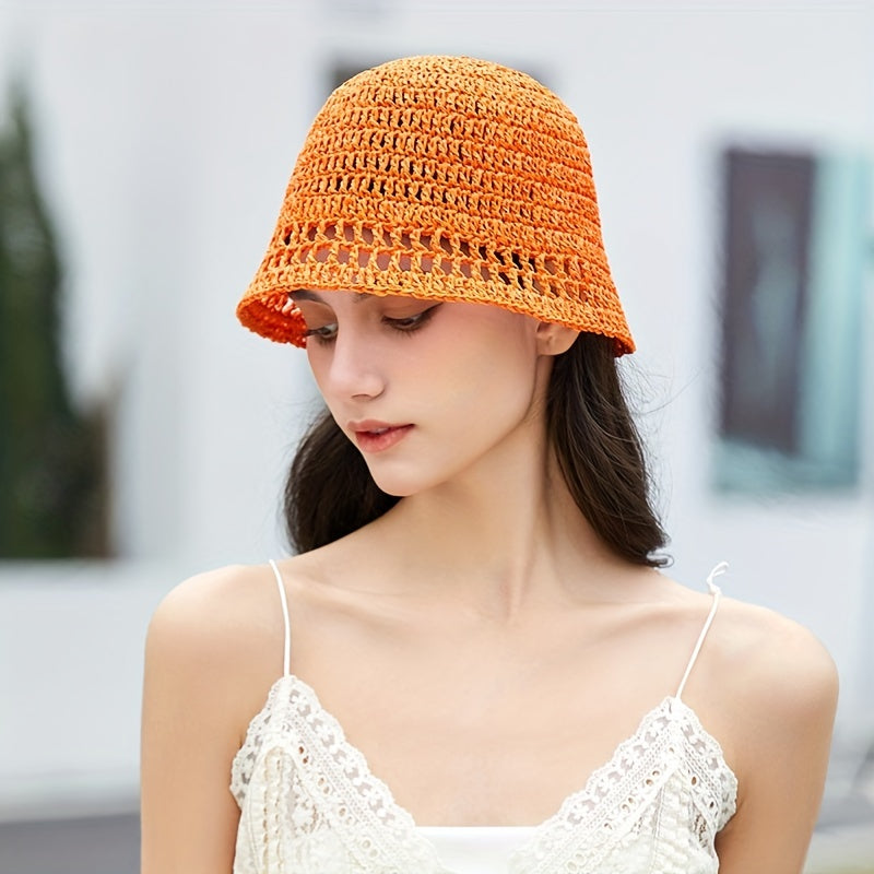 Y2K Hollow Crochet Bucket Hat Gradient Boho Straw Cloche Hats Women