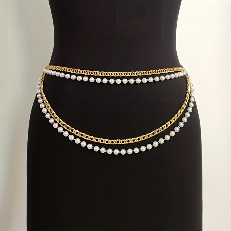 Faux Pearl Waistband Four Layer Chain - Women's Belly Chain