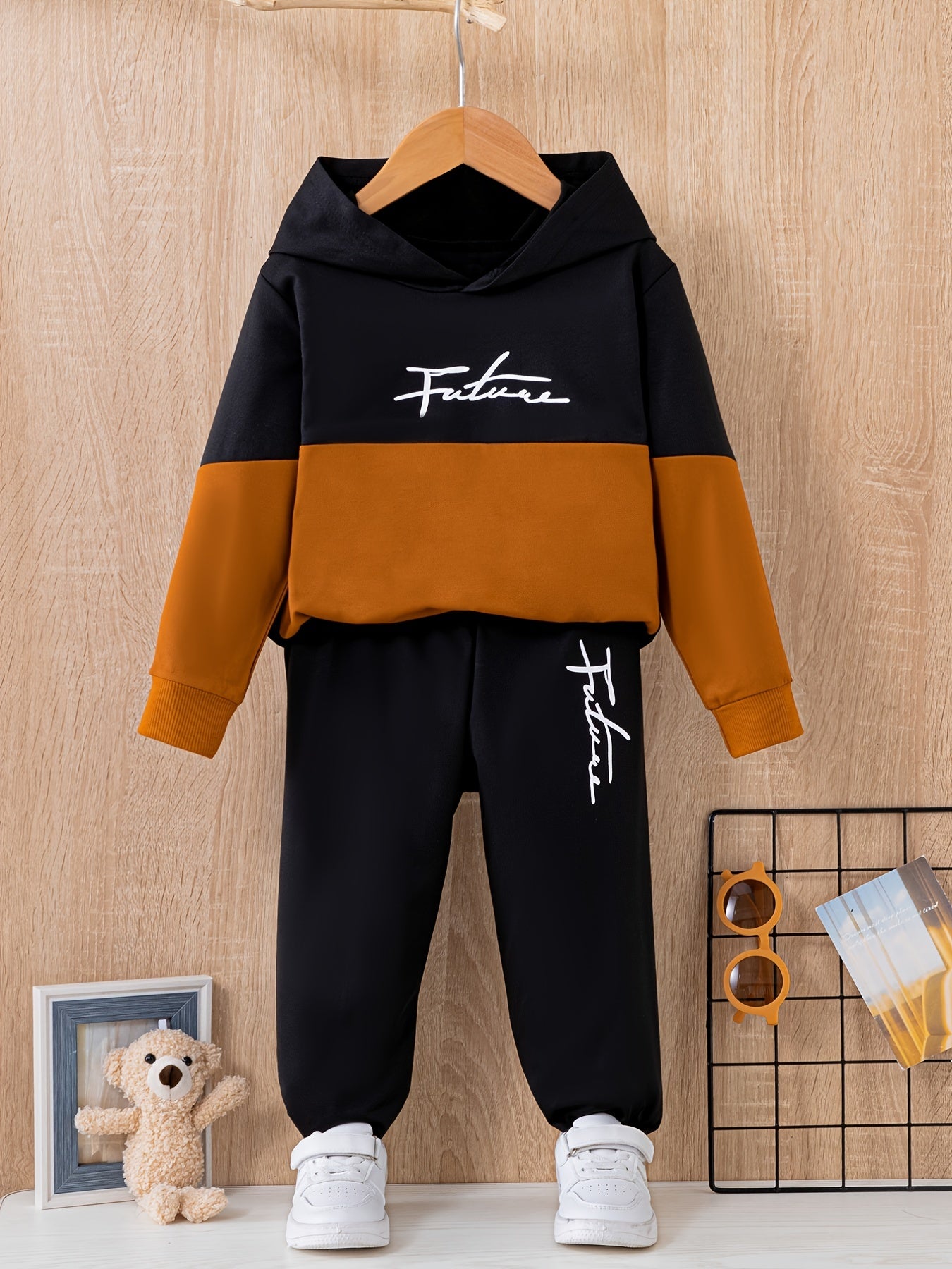 Boy's FUTURE 2pcs Block Hoodie & Sweatpants Set For Spring Fall