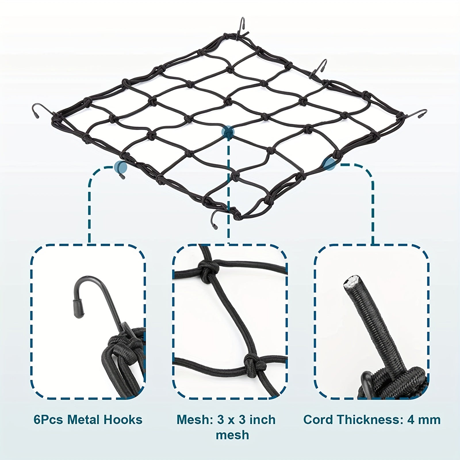 Heavy Duty Motorcycle Cargo Net 83 x 83 3 x3 Small Mesh&6 Hooks