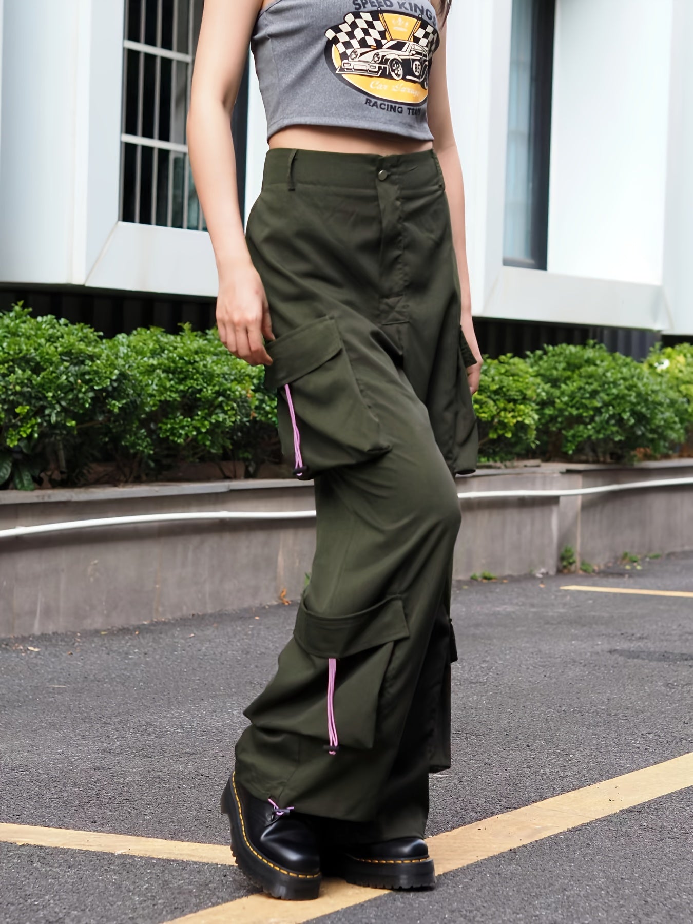 Y2K Cargo Pants Women's Solid Drawstring Loose Fit Flap Pockets