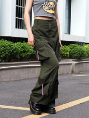  Y2K Cargo Pants Women's Solid Drawstring Loose Fit Flap Pockets