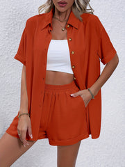 Casual Solid Two piece Set Button Front Blouse & Elastic Shorts Outfits