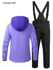 Letter Pattern Ski Set Zip Pocket Hooded Jacket & Suspender Trouser Suit
