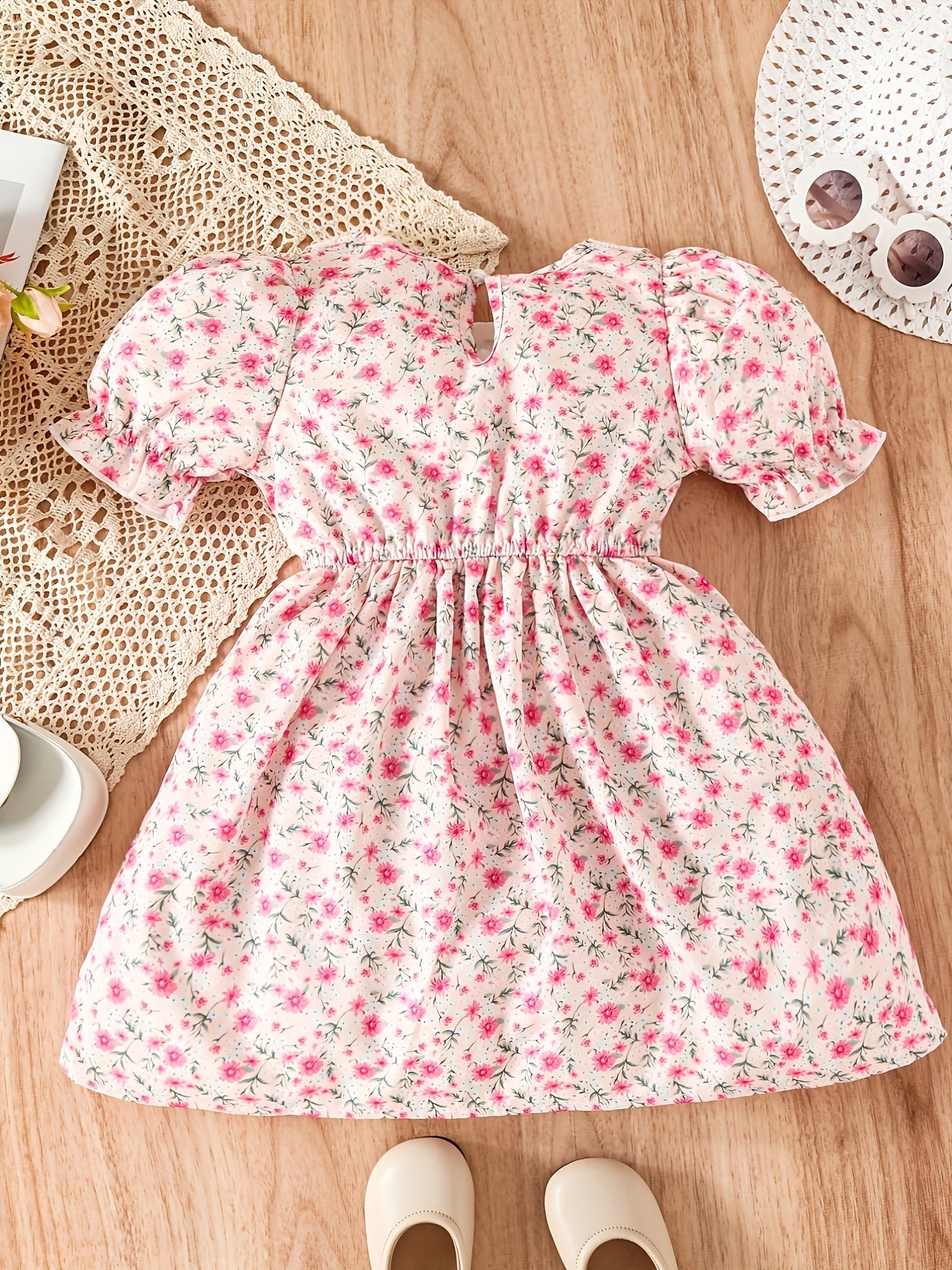 Girls Flower Print Puff Sleeve Dress for Party