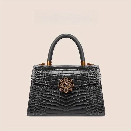 Faux Alligator Grain Handbag with Golden Tone Metal Emblems