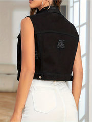 Ripped Holes Denim Vests Sleeveless Single Breasted Button Lapel Denim Jackets