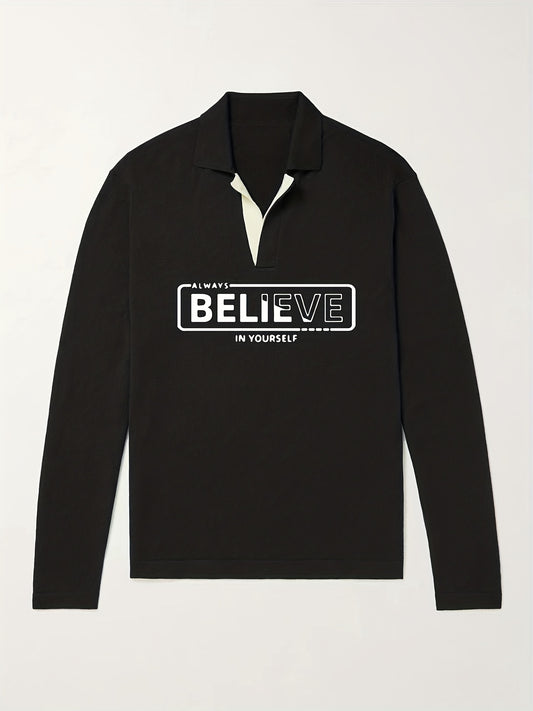 BELIEVE Pattern Knit Polo Shirt Men's Casual Lapel Pullover Sweater