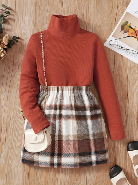 Girls Turtleneck Knit Top & Plaid Short Skirt Set