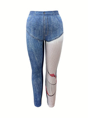  Colorblock Denim Print High Rise Leggings
