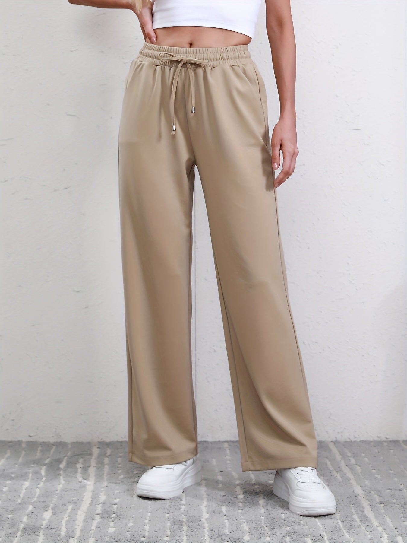 Drawstring Waist Straight Leg Pants High Waist Casual