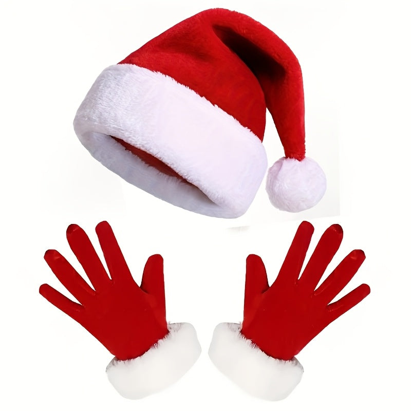 Christmas Hat Gloves Outfit Red Knitted Fabric Hand Washable