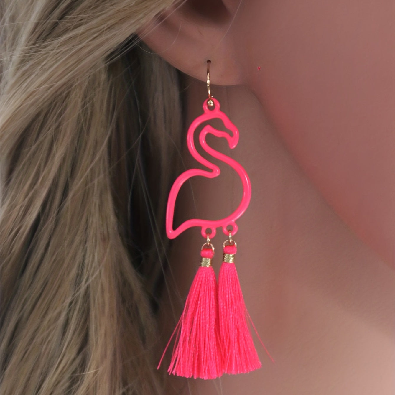 Hot Pink Flamingo Tassel Dangle Earrings Women Party Costume Accessory