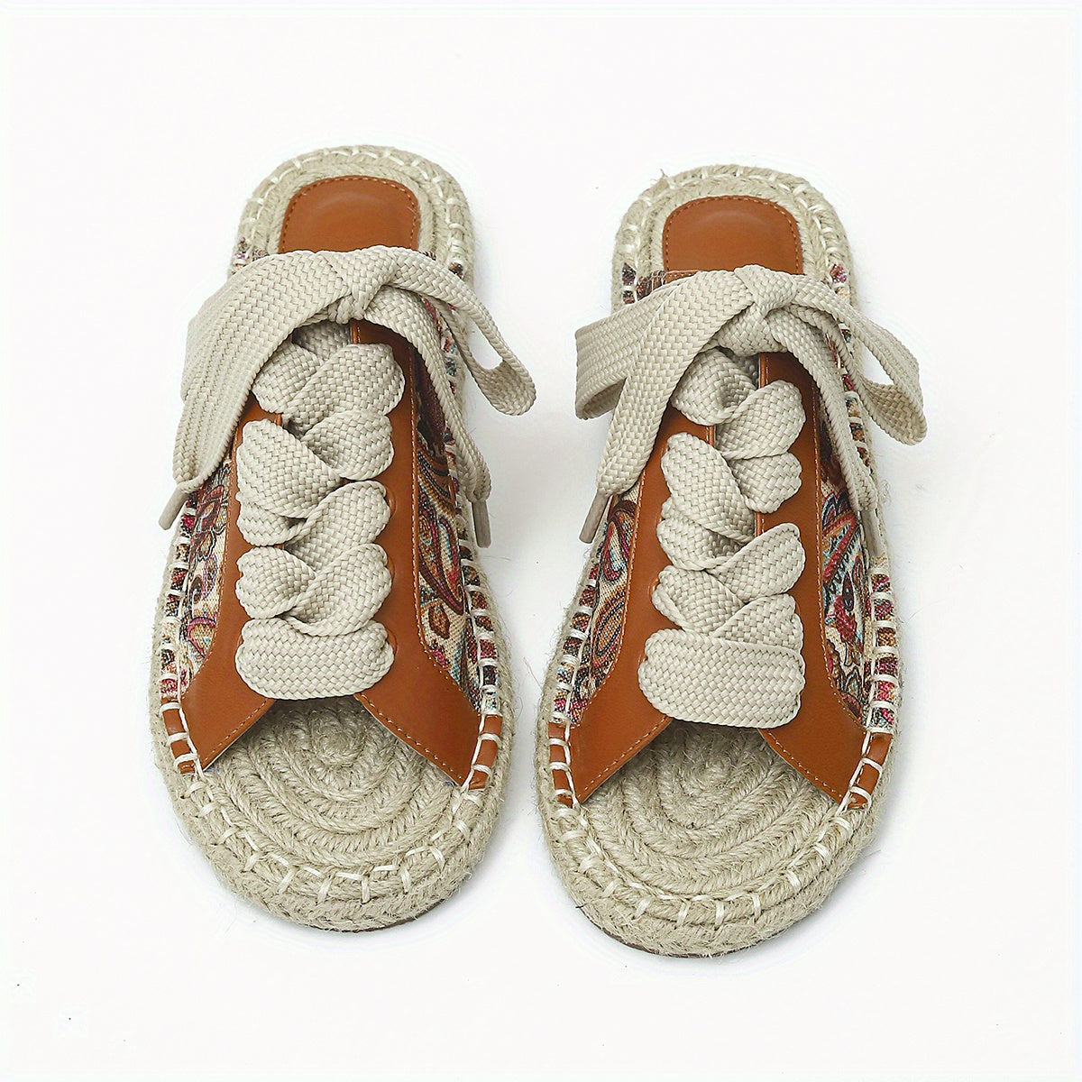 Women's Retro Flower Flat Sandals Lace-Up Espadrilles Comfortable Summer Shoes