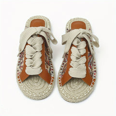 Women's Retro Flower Flat Sandals Lace-Up Espadrilles Comfortable Summer Shoes