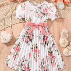 Girls Puff Sleeve Flowers Graphic Belted Dress