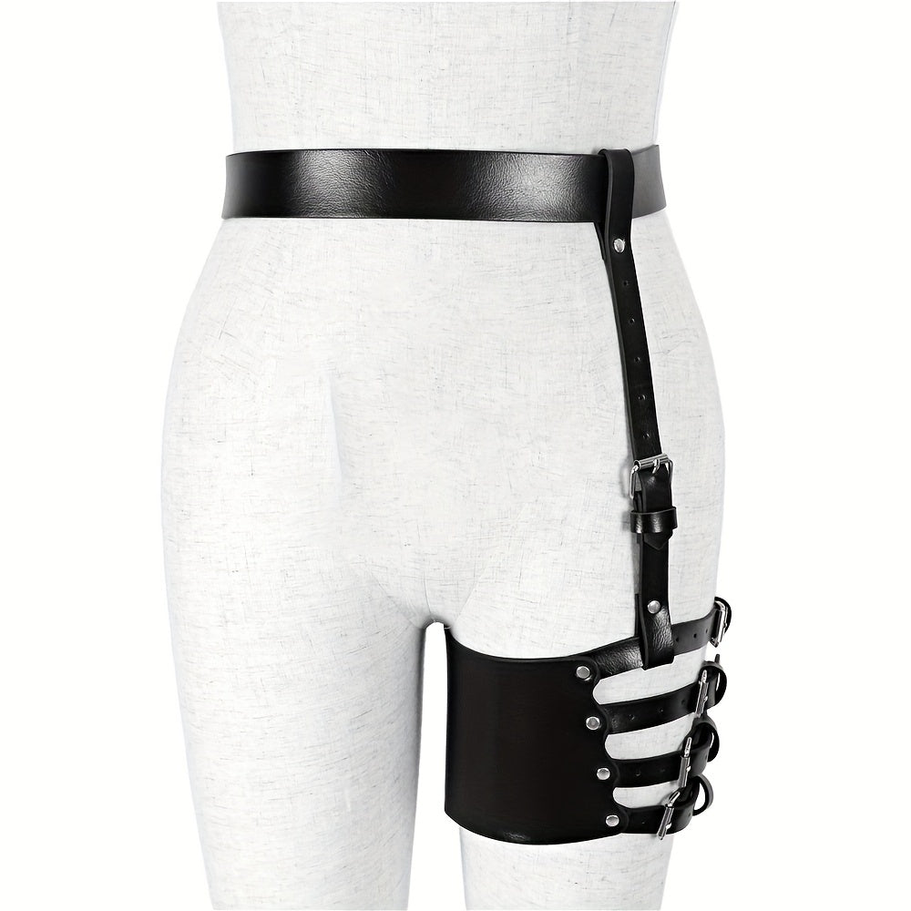 Gothic Harness Leg Gaiter Punk PU Leather Rivet Belt Hollow Out Rivet Leg Ring