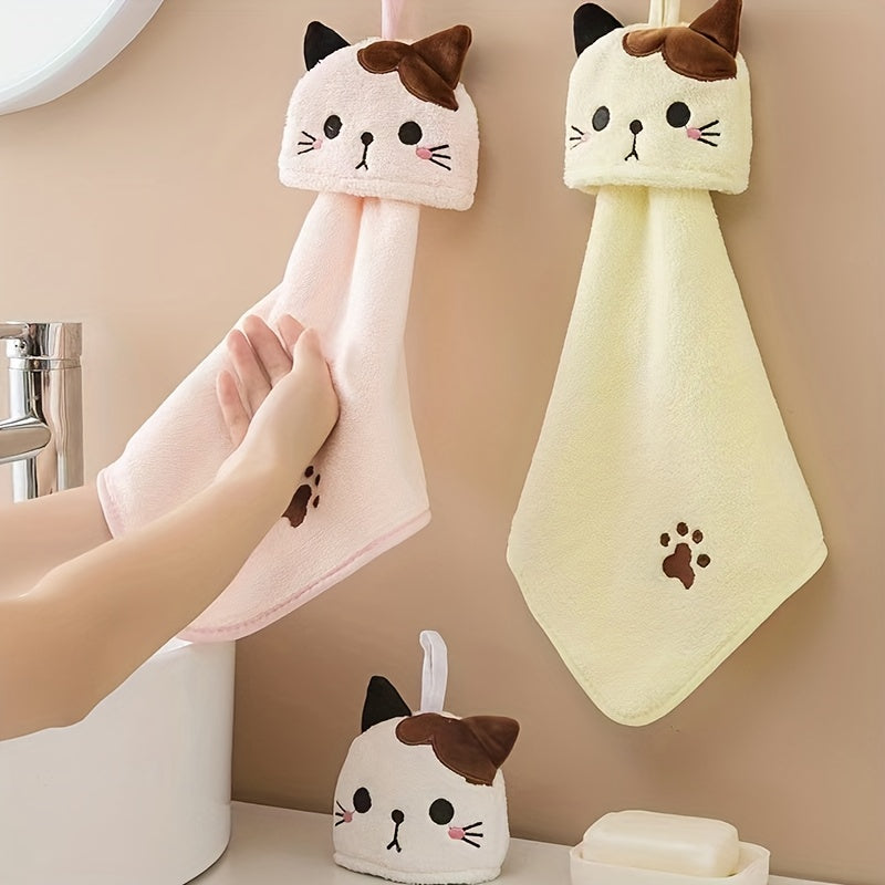 Cartoon Cat Hand Towel Soft Coral Fleece Pocket Towel for Bathroom and Kitchen