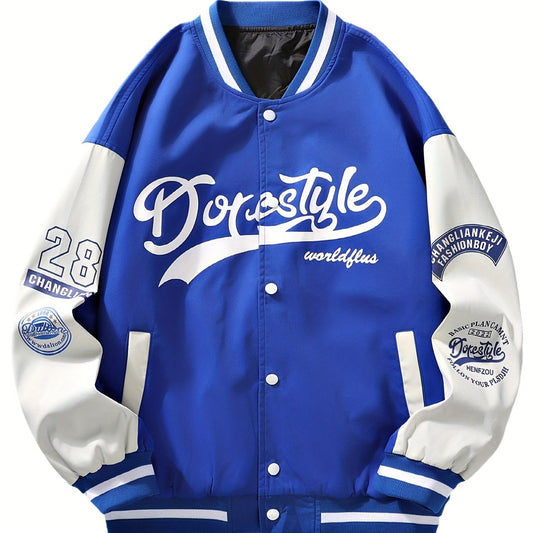 Letter Print Varsity Jacket Men's Casual Button Up Jacket Spring Fall